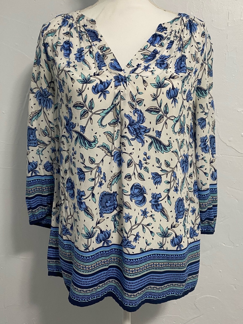 Boho Blue Floral V-Neck Tunic Top